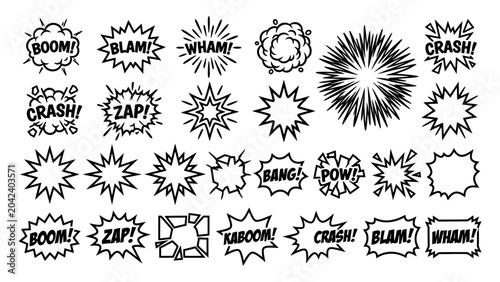 Foto Comic book explosion speech bubbles and onomatopoeia sound effect icons black li
