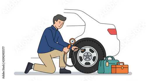 Fotografi Man inflating car tire, travel preparation