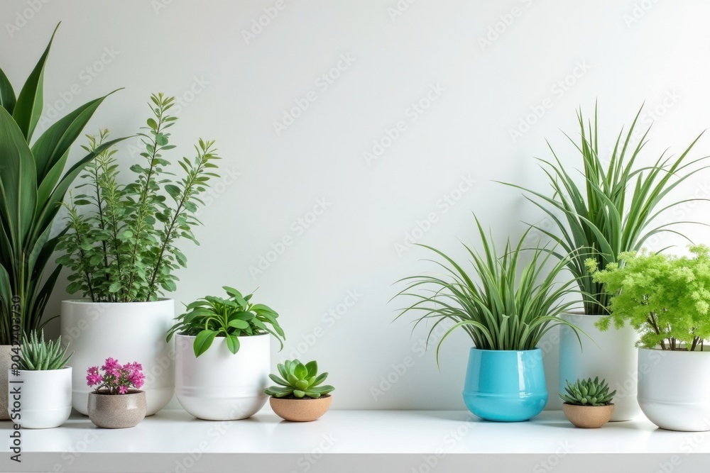 Fototapeta premium Various Potted Green Plants with a Pink Flowering One on a White Shelf