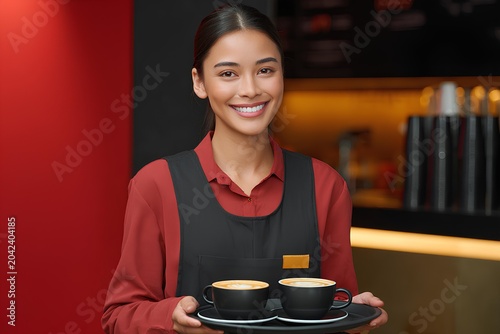 Cheerful café moment showing a smiling woman offering cappuccinos, representing warmth, service, and authentic coffee experience.