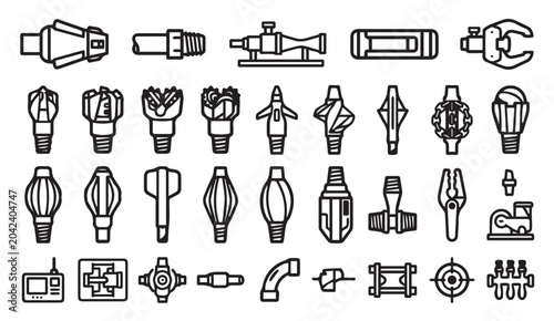 Bild auf Leinwand Drilling and mining machinery equipment line icons with drilling, machinery