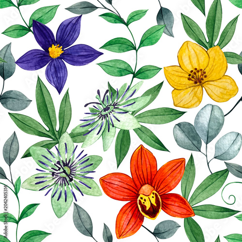 Bild auf Leinwand Tropical flowers and leaves, seamless watercolor pattern