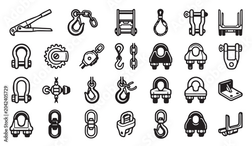 Heavy duty industrial rigging and lifting hardware icons with hardware, fastener