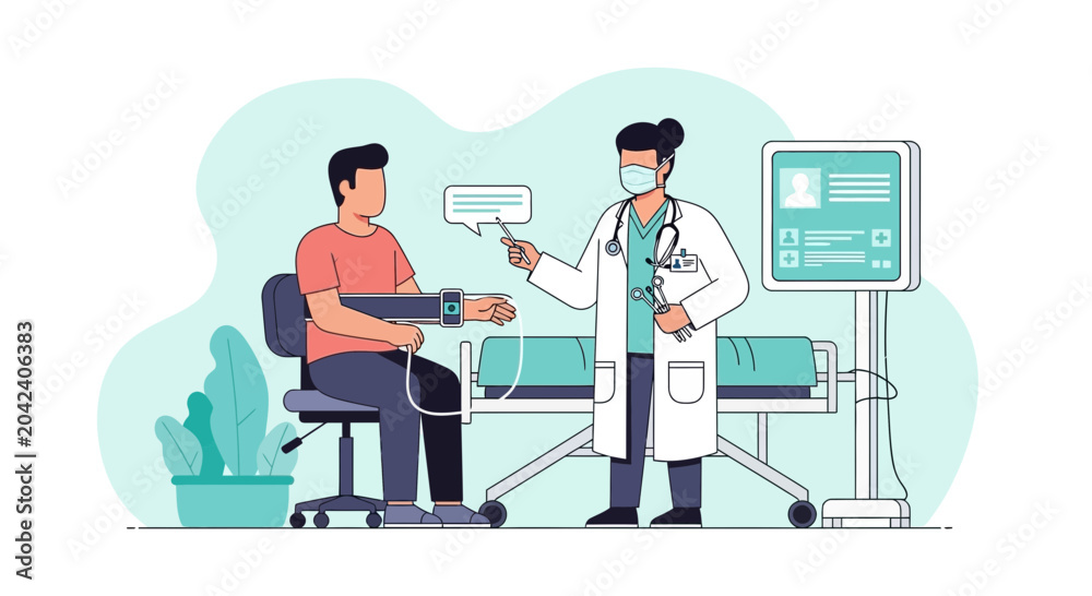 Fototapeta premium Medical Examination and Monitoring: Doctor Checking a Patient's Vital Signs with Equipment