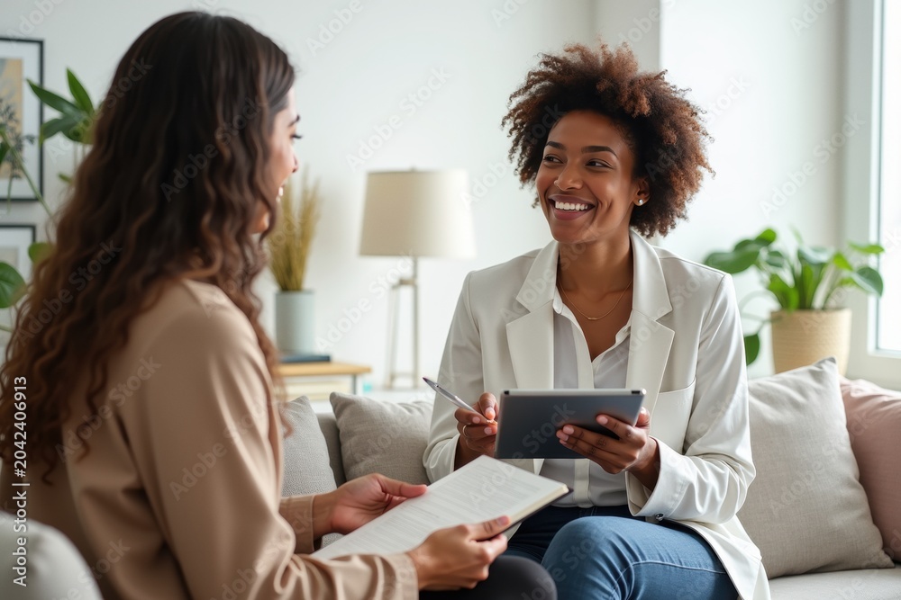 Fototapeta premium Two smiling women discussing documents and technology in a modern office lounge