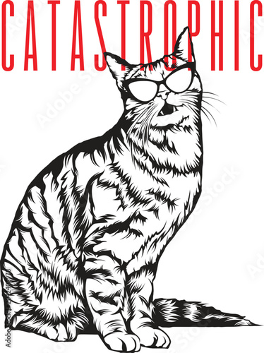 Canvas-taulu Funny cat wearing glasses, cartoon feline illustration, black and white vector,
