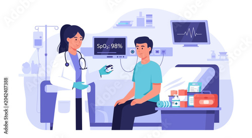 Medical Examination and Pulse Oximetry Process in Hospital Room with Doctor and Patient