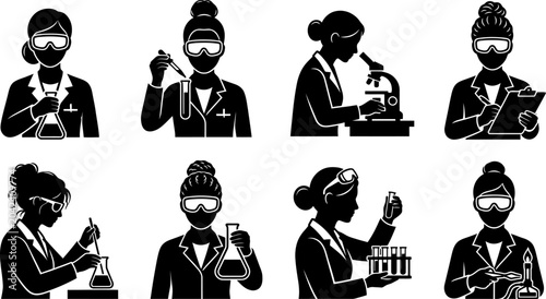 Fotografía Collection of black and white scientist silhouettes conducting chemical analysis