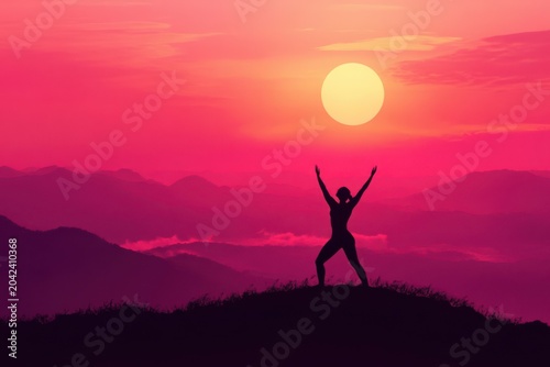 Woman silhouette with arms raised in victorious pose on a mountain peak at vibrant pink sunset, celebrating achievement and freedom.