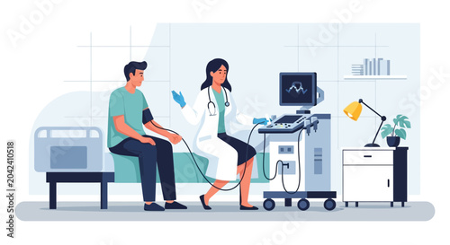 Medical Examination Illustration: Doctor Checking Patient's Vital Signs in a Clinic