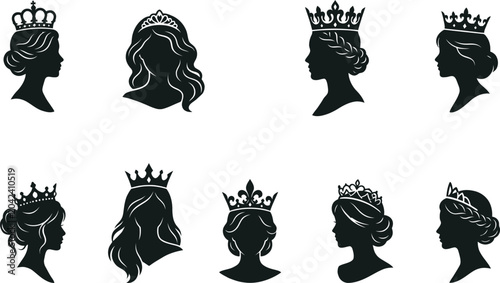 Set of ten elegant queen silhouettes with royal crowns in black and white vector graphic style for design projects