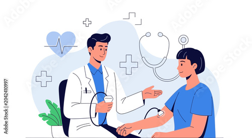 Medical Examination Illustration Featuring Doctor and Patient Examining Blood Pressure