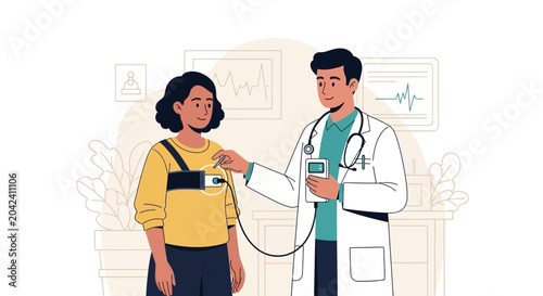 Medical Examination Illustration Featuring Doctor and Patient with Cardiac Monitoring Device