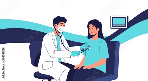 Medical Examination Illustration Featuring Doctor and Patient with Mask and Stethoscope
