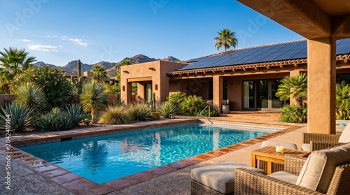 Modern Solar Panels Installed On A Arizona Home Under Clear Blue Sunny Sky, Solar Photography, Solar Powered Clean Energy, Sustainable Resources, Electricity