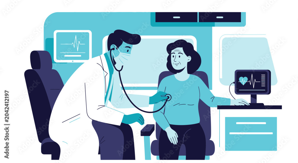 Fototapeta premium Medical Examination Illustration Depicting Doctor Checking Patient's Heartbeat In Clinic