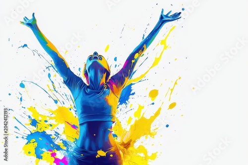 Vibrant artistic expression of triumph: abstract figure with arms raised in ecstatic celebration amidst dynamic blue and yellow paint splashes.