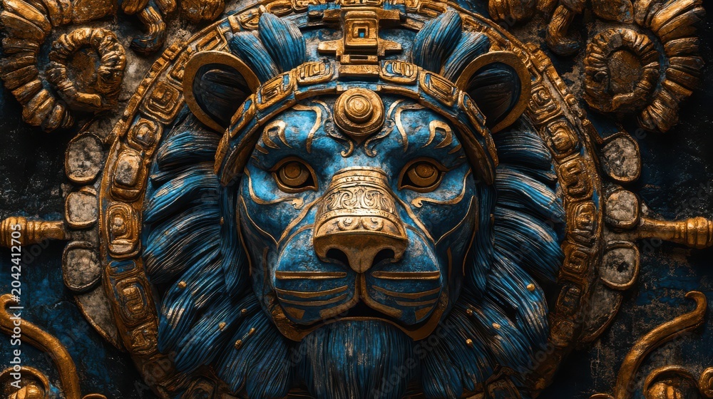 Obraz premium Ornate Ancient Egyptian Lion Head Sculpture with Gold and Blue Details