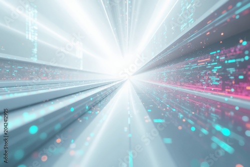 Abstract Futuristic Digital Tunnel with Bright Light and Data Streams