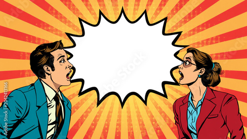 Pop Art Comic Style Illustration of Two People Shocked by Unexpected News or Discussion