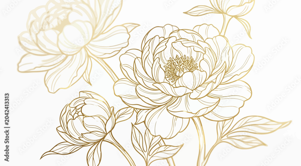 Fototapeta premium Elegant gold line art peony flowers on luxury golden floral illustration with blooming peonies and buds
