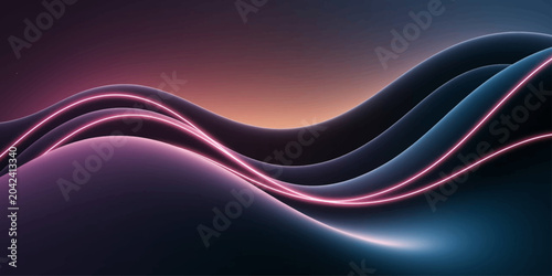 Abstract wave design with glowing neon lines in shades of pink and blue, set against a gradient sunset background.