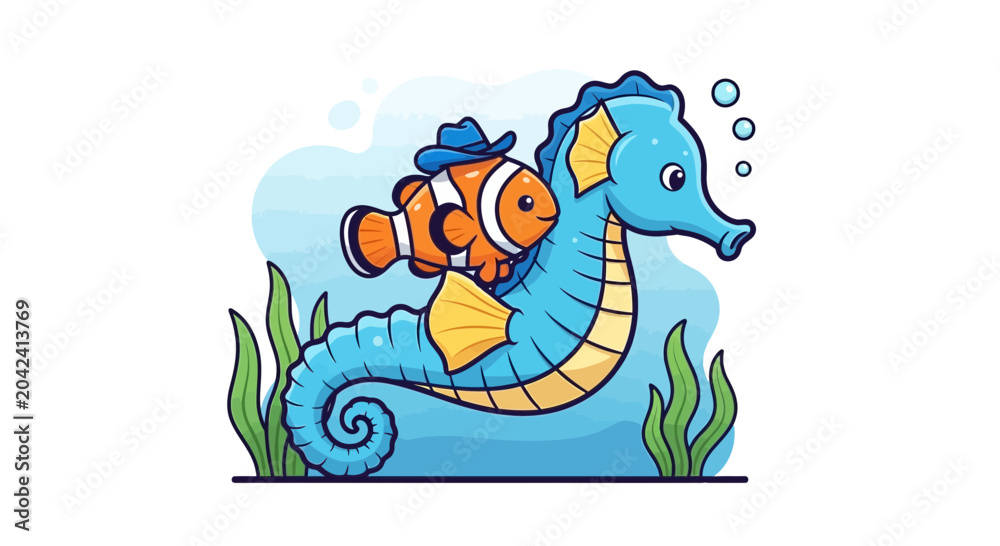Obraz premium Cute Cartoon Clownfish Wearing a Cowboy Hat Riding a Seahorse Underwater