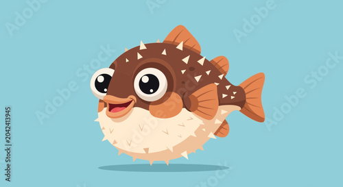 Photos Cute cartoon pufferfish with big eyes on blue background