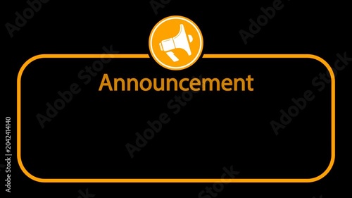 Glowing Announcement Title Animation with Blinking Text and Moving Megaphone Icon on Dark Background