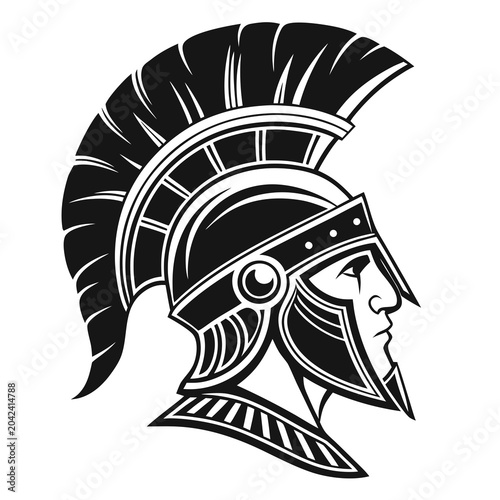 Bild auf Leinwand Ancient greek warrior helmet with crest and face profile in black and white