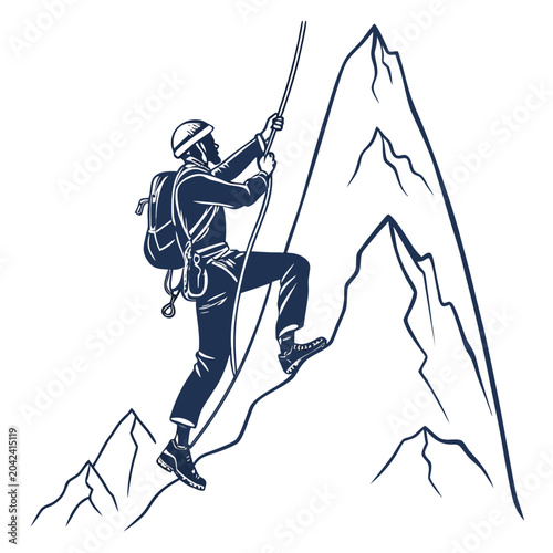 Photos Mountaineer climbing a steep rocky mountain with a backpack and safety gear
