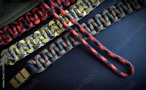 Different paracord on dark background 