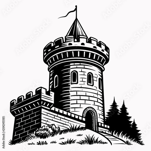 Illustration of a medieval castle tower with a flag on top medieval fortress