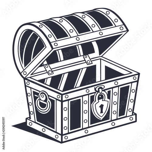 Open treasure chest with a lock and key illustration treasure hunt line art