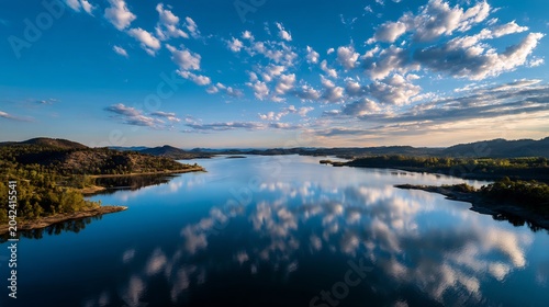 Stunning scenic view overlooking majestic serene lake vast expanse of water perfectly reflecting blue sky cloud late afternoon warm sunlight shooting straight down directly above shallow focus ultra