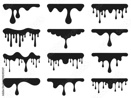 Collection of black dripping liquid shapes and borders on white background