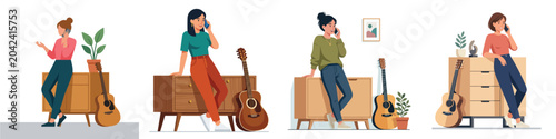 Quadro su tela Illustrations of a serene woman making a phone call, casually leaning by her gui