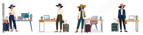 Foto Professional women working remotely from various travel destinations with their