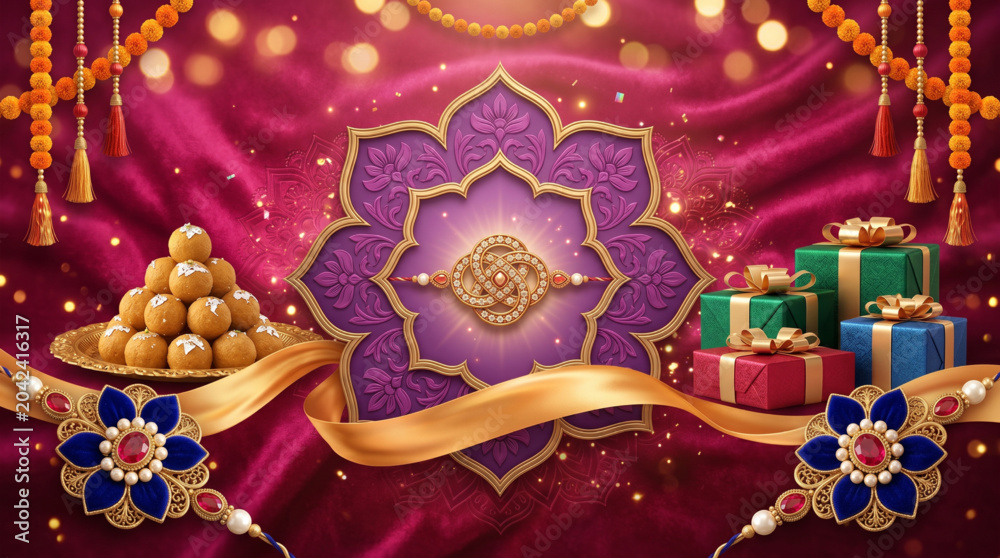 Fototapeta premium Festive Raksha Bandhan celebration banner with gifts sweets and ornate rakhi for sibling bonding