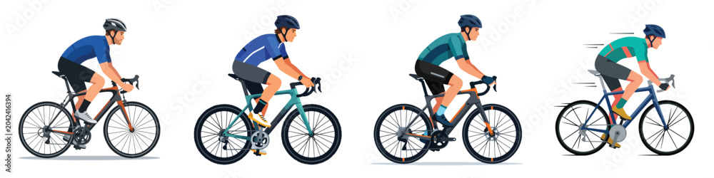 Fototapeta premium Four cyclists in different postures demonstrating aerodynamic positions on bicycles