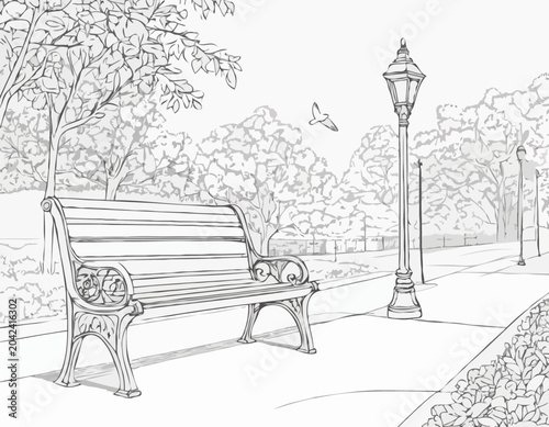 Fotografie continuous single line drawing of bench and lantern in public park, line art vec