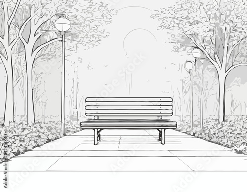 Картината върху платно continuous single line drawing of bench and lantern in public park, line art vec
