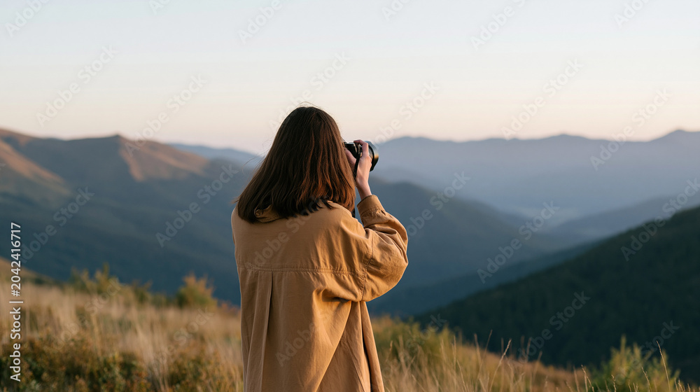 Obraz premium Female photographer taking photos of beautiful natural scenery, outdoor photography lifestyle concept, with copy space