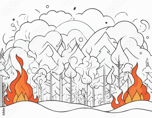 Abstract Line Drawing of a Forest Fire with Smoke