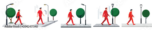 Bild auf Leinwand Set of five icons showing a person walking on a sidewalk next to a tree and lamp