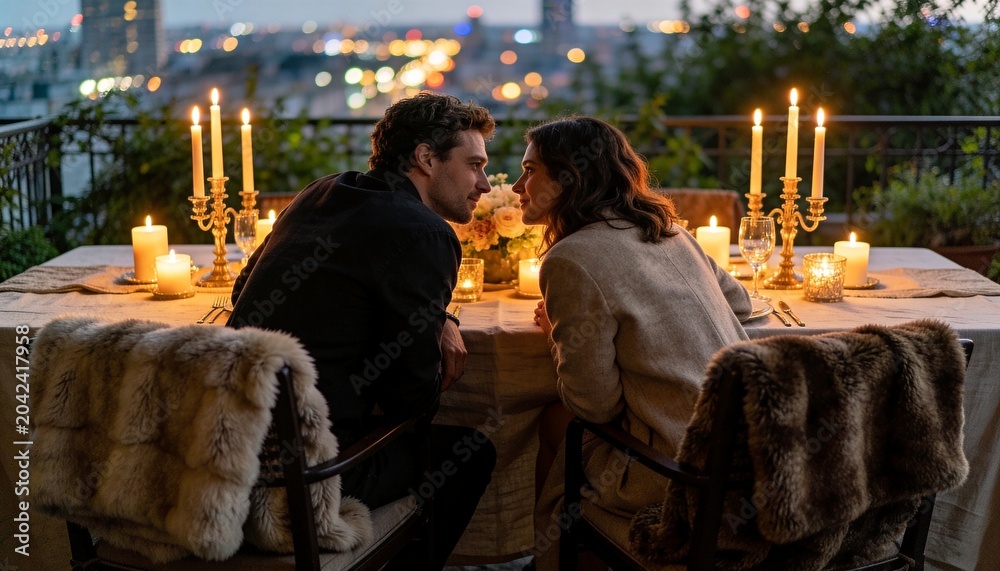 Fototapeta premium Romantic candlelit dinner for a couple on a city balcony. Intimate date night with urban cityscape view