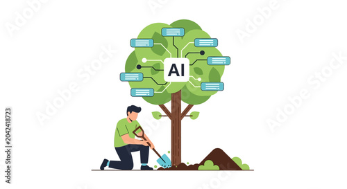 AI Growth Concept Illustration with Man Planting a Digital Tree Representing Sustainable Artificial Intelligence and Technology Innovation