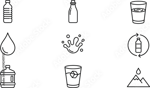 Foto Pure Water and Mineral Hydration Line Vector Icon Set Featuring Bottle Glass Dro