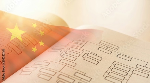 China university curriculum reform concept, double exposure of China flag and education structure book, global academic integration