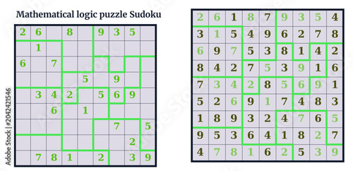 Mathematical logic puzzle Sudoku grids with highlighted solutions  